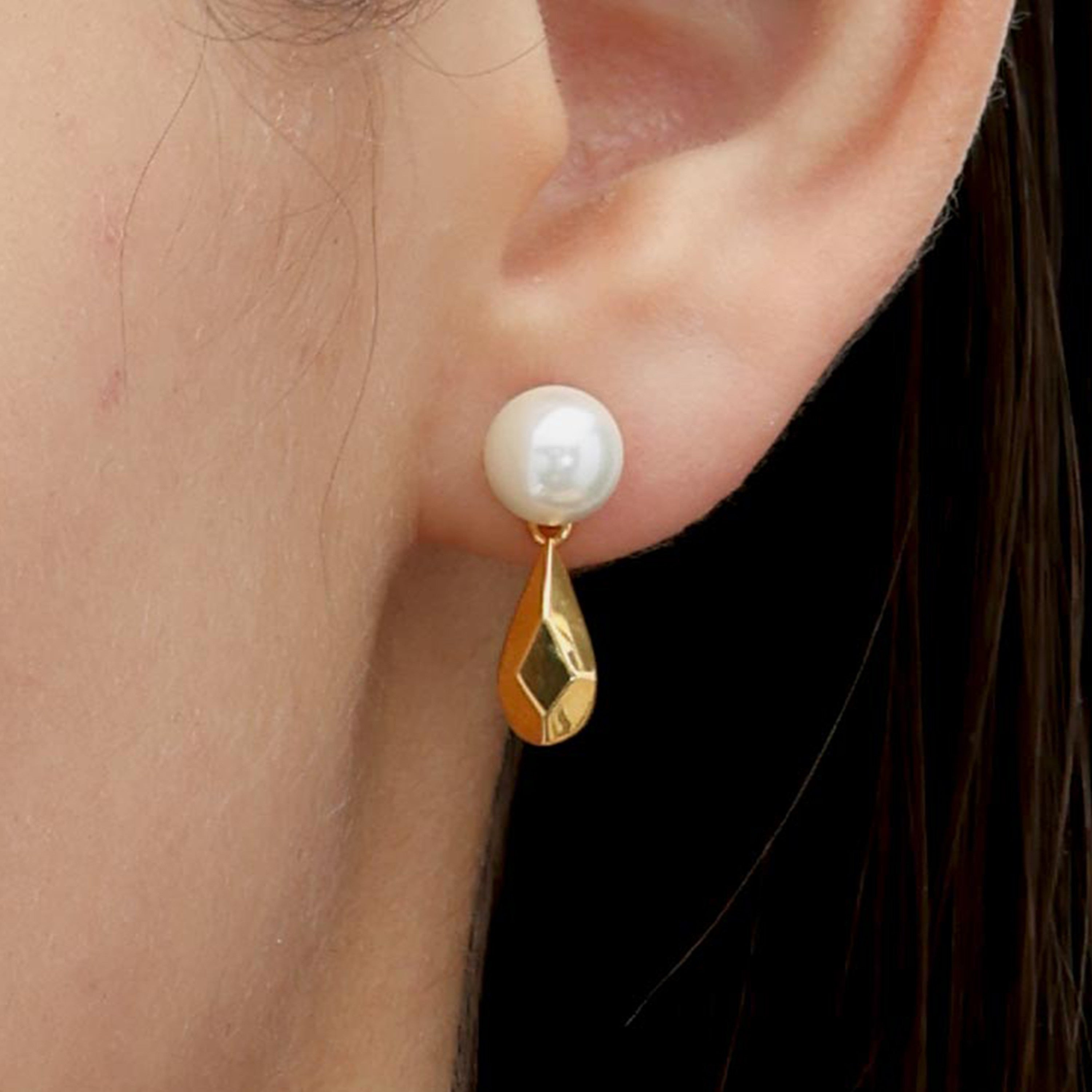 RSNY water drop diamond pearl stud earrings - RSNY R2097B 铜镀金/银耳针 约8*23*9mm 钻石级精巧切面/镜面级精工抛光/精致感细节处理/优选精品级贝珠