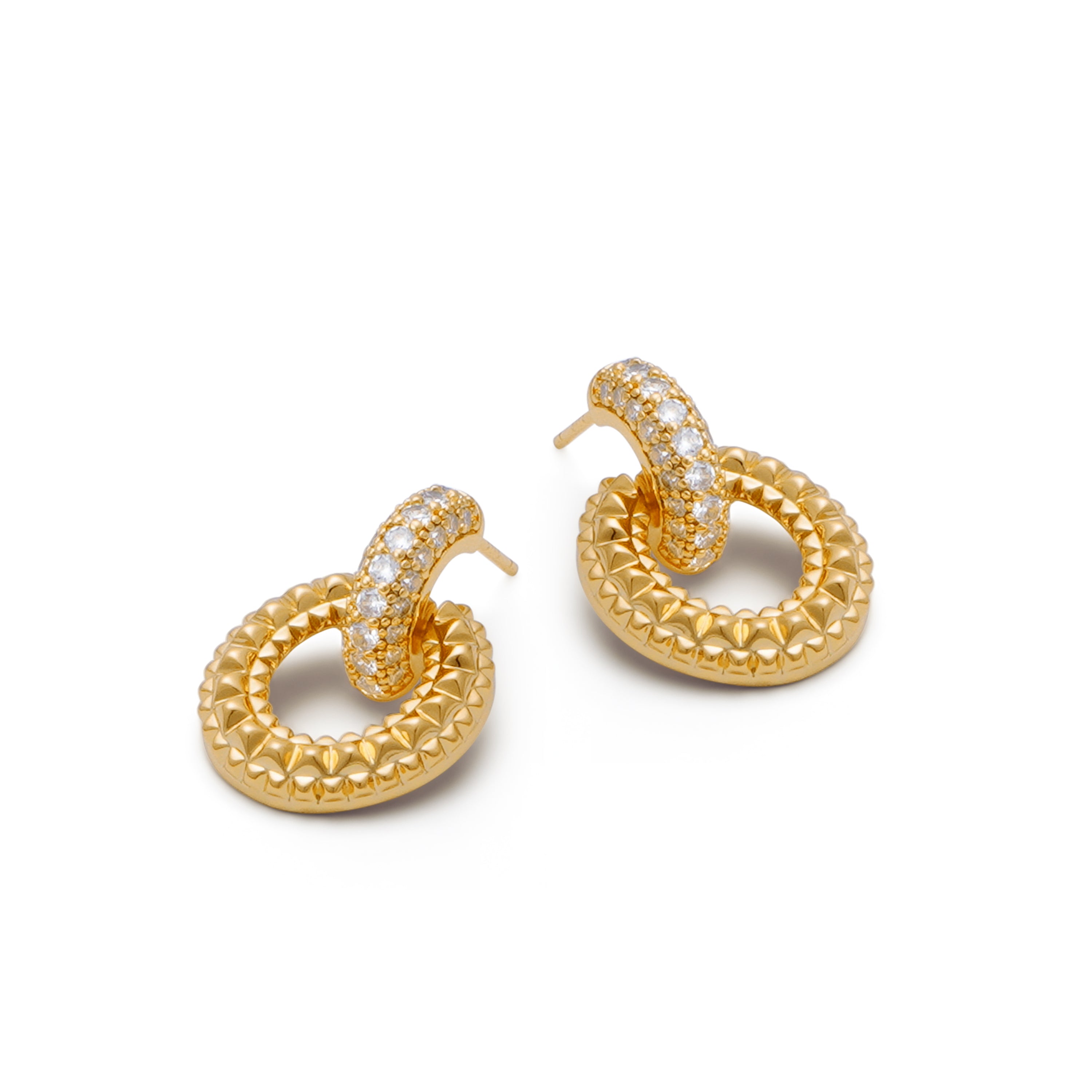 RSNY textured chain stud earrings - RSNY R2058B 铜镀金/S925银耳针/立方氧化锆/品牌耳堵 重量:7.8g 约25*18*8mm 钻石纹设计元素/纯银高品质耳针/纯手工镶嵌技艺/镜面级精工抛光/轻量化品牌工艺